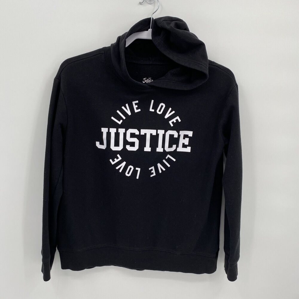Justice Girl's Live Love Pullover Hoodie Sweatshirt Solid Black Size XL 16/18